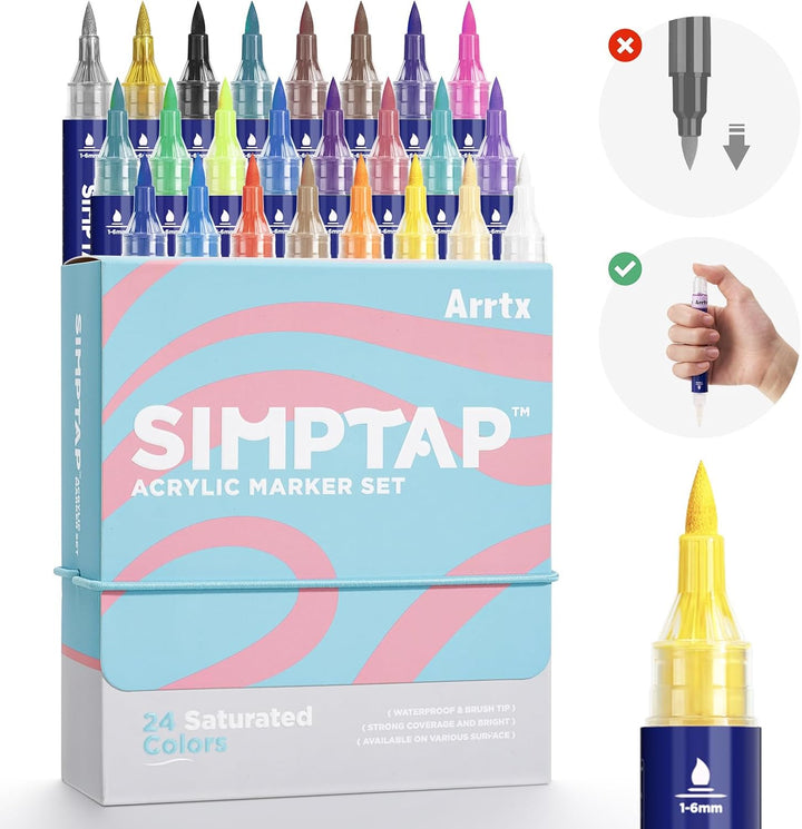 Arrtx Acrylstifte für Steine Bemalen, 24 Farben Simptap Top Valve Action Acrylmarker, Pinselspitze A