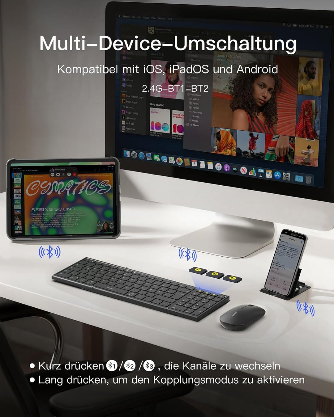 Inateck tragbare Bluetooth-Falttastatur, Tastatur Maus Set | 3 Bluetooth-Kanäle, Ziffernblock, tragb