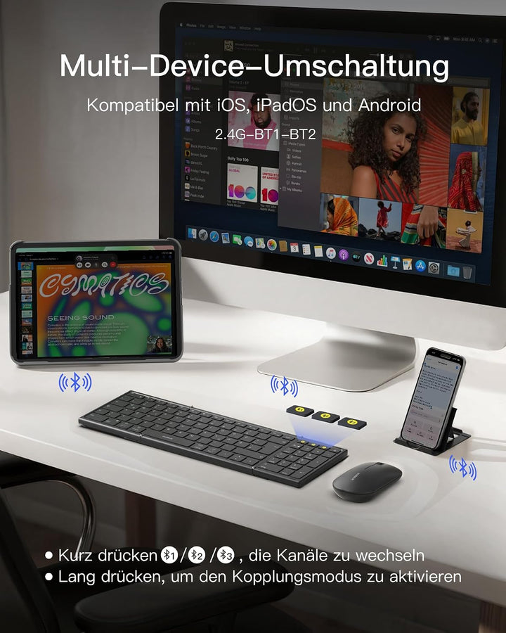 Inateck tragbare Bluetooth-Falttastatur, Tastatur Maus Set | 3 Bluetooth-Kanäle, Ziffernblock, tragb