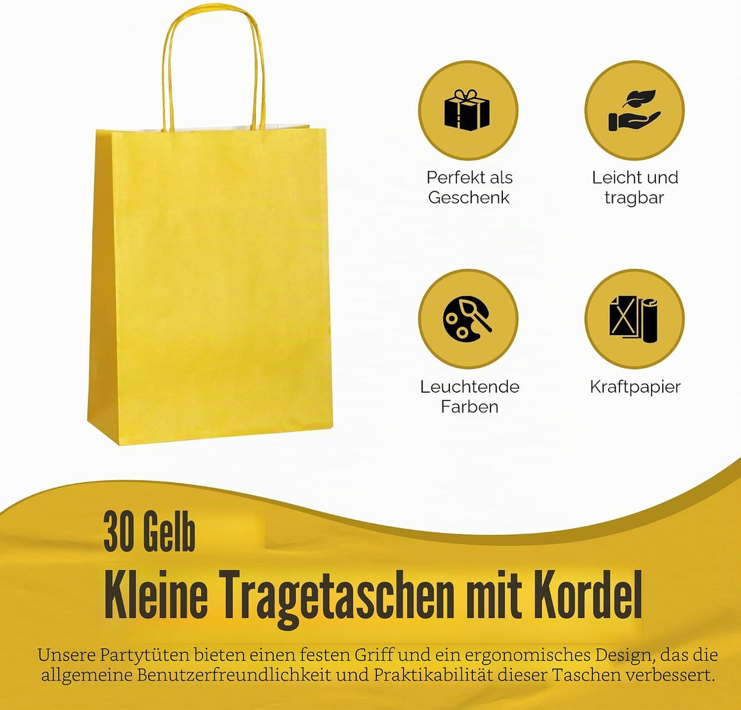 Thepaperbagstore 30 Gelbe Klein Partytüten aus Papier mit Henkeln – 18x22x8cm – Bunte Geschenktüten