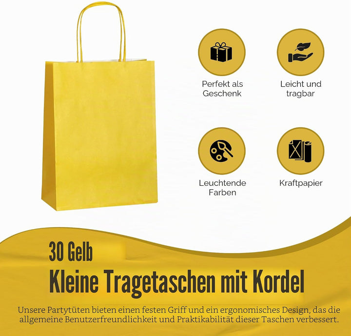 Thepaperbagstore 30 Gelbe Klein Partytüten aus Papier mit Henkeln – 18x22x8cm – Bunte Geschenktüten