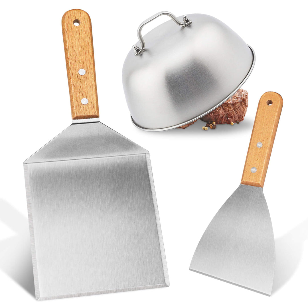 3-Stück Burger-Set, Grillspachtel Edelstahl, Grillwender mit Burger Cover, Pfannenwender Spachtel Mi