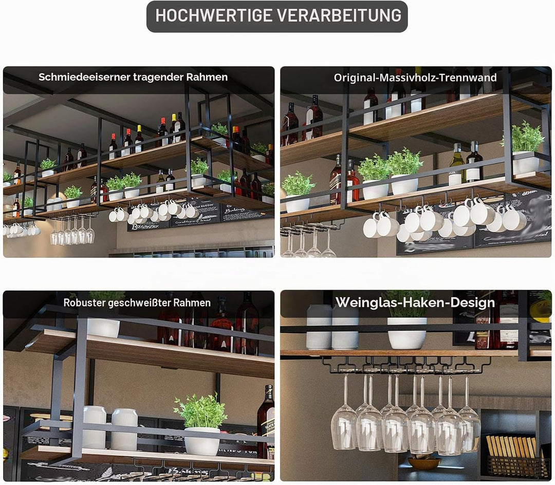 Deckenregal Weinregal mit Glashalter, Schwebendes Hängeregal 2-Lagiger Industrieller Hängender Weinf