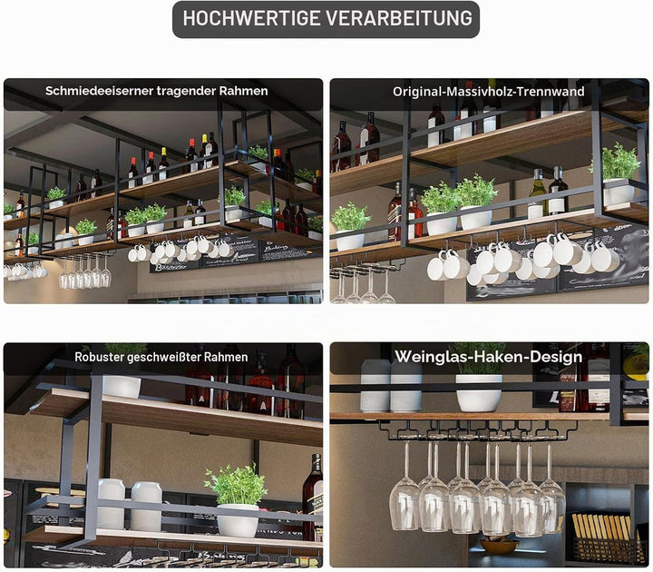 Deckenregal Weinregal mit Glashalter, Schwebendes Hängeregal 2-Lagiger Industrieller Hängender Weinf