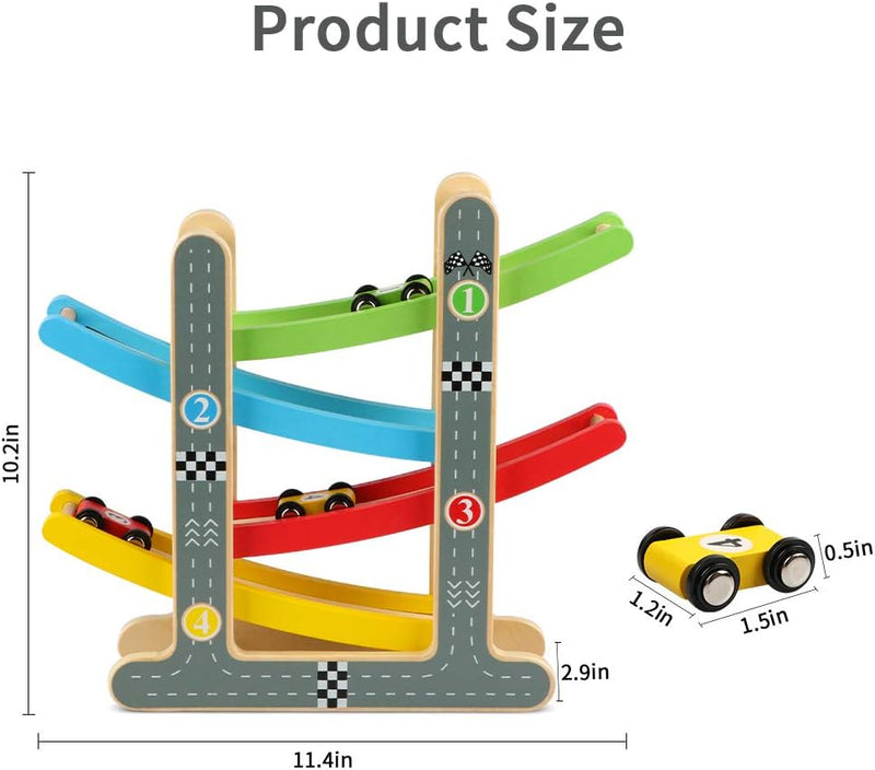 Jacootoys Spielzeug Autostrecke Set mit 4 Mini Autos Rennstrecke Holz Rennbahn Fahrzeuge Rennwagenba