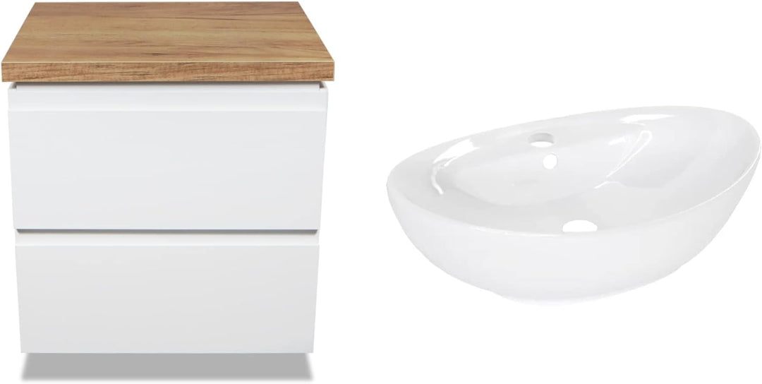 VBChome Badmöbel 50 cm Weiss Aufsatzwaschbecken mit Hahnloch 59x39 cm Aufsatzwaschtisch mit Waschbec