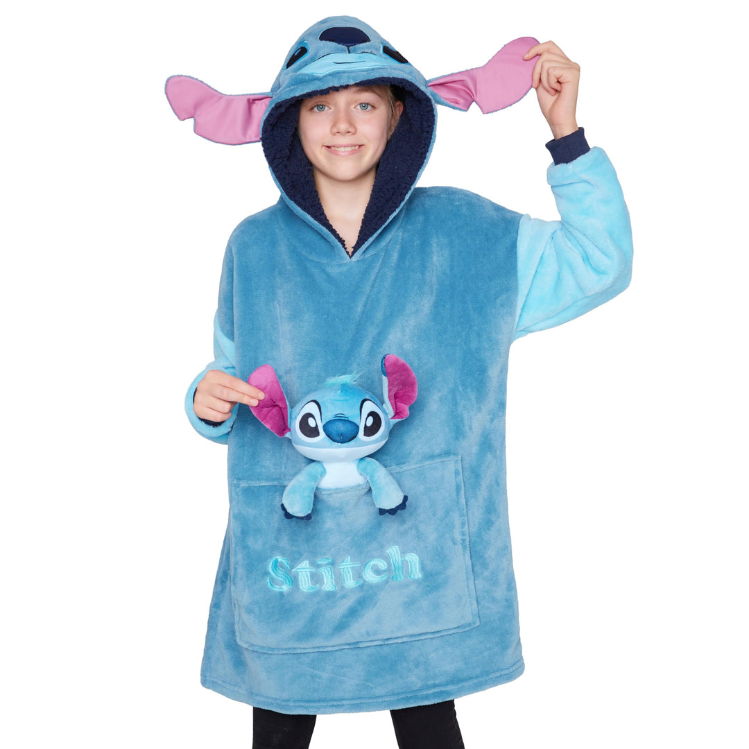 Disney Stitch Hoodie-Decke Kinder, Kapuzenpullover Mädchen mit Sherpa-Kapuze, 3D-Ohren, Kängurutasch