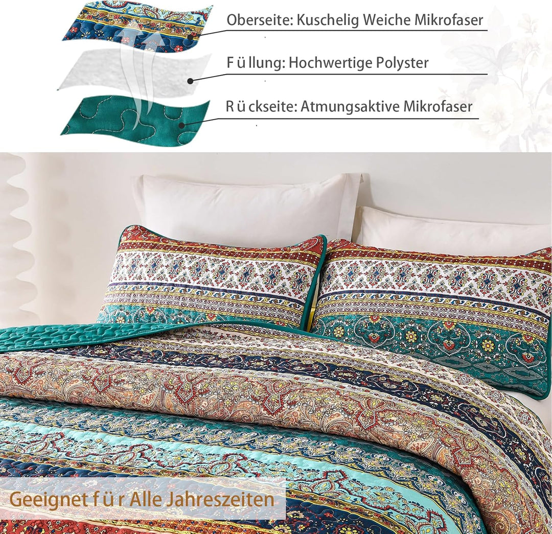 WONGS BEDDING Tagesdecke 220x240 Bettüberwurf Boho Decke Steppdecke 3 Teilig Doppelbett Gesteppt Bet