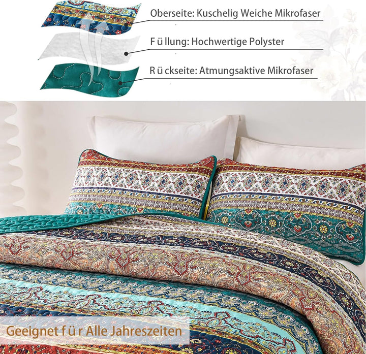 WONGS BEDDING Tagesdecke 220x240 Bettüberwurf Boho Decke Steppdecke 3 Teilig Doppelbett Gesteppt Bet