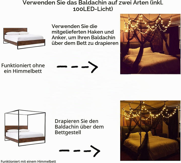 Moskitonetz für Betthimmel 4-Eck-Pfosten Vorhänge Betthimmel Elegantes Moskitonetz-Set mit 100 LED-S