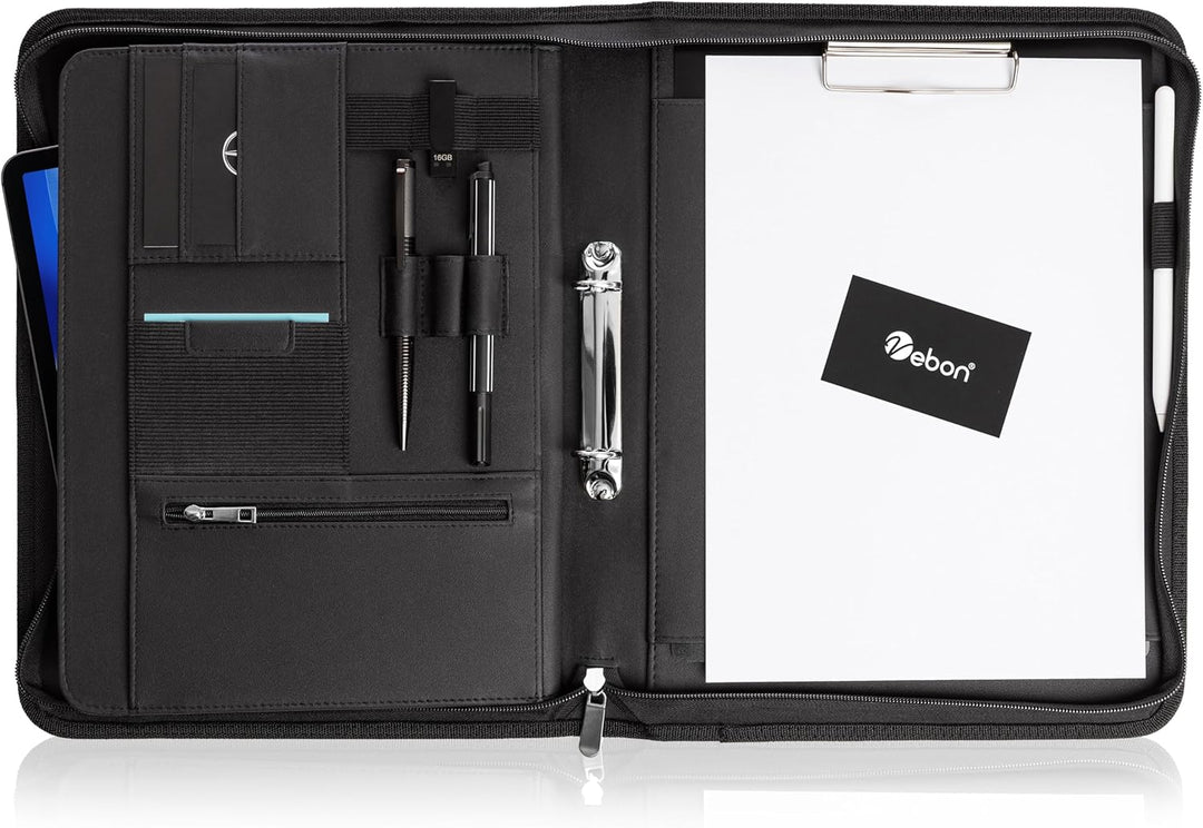 Vebon® Schreibmappe Ringbuch A4 Paris I Reissverschluss + Klemmbrett I Konferenzmappe + Laptoptasche