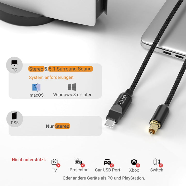 Cubilux USB C auf TOSLINK Optisches Audiokabel [192KHz/24bit], Einseitiger USB-C zu SPDIF Digital Ko