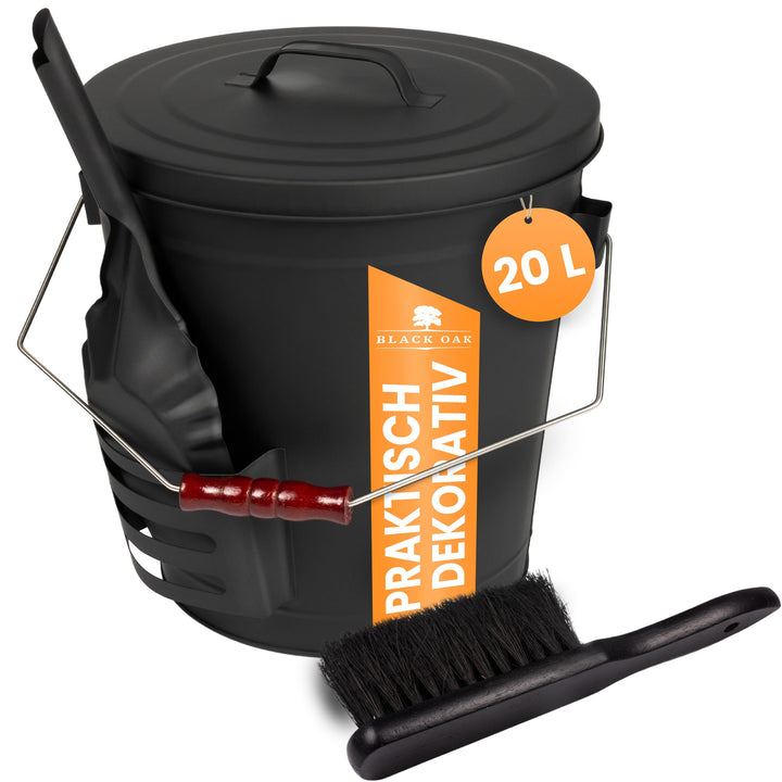 BLACK OAK Ascheeimer Stromboli 20L – schwarz mit Deckel Schaufel &amp; Besen Bügel Silber gross 20 Liter
