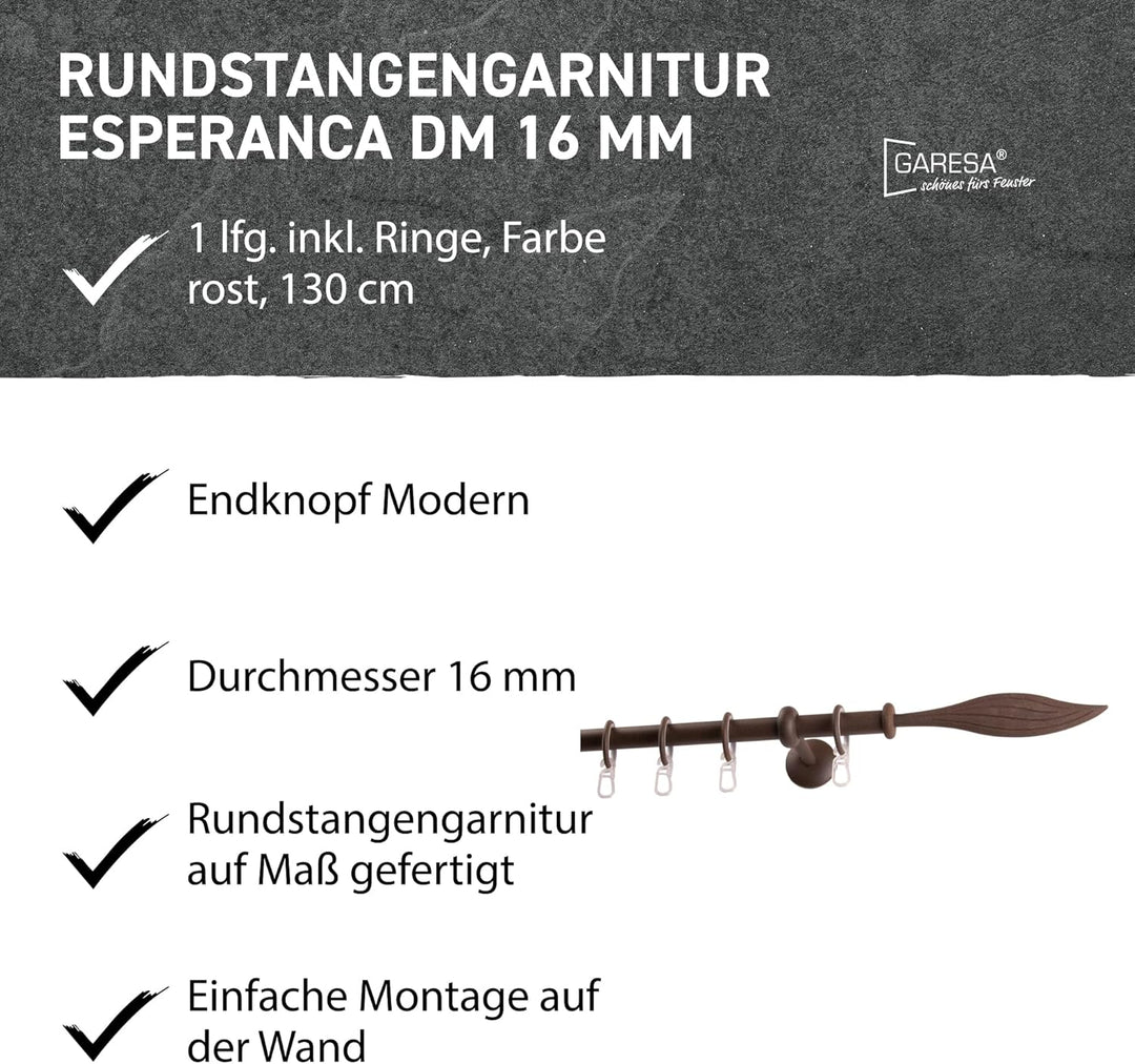 Garesa Gardinenstange Esperanca Ø 16mm, 1-läufig, Rost I Rustikale Vorhangstange inkl. Ringe + Falte