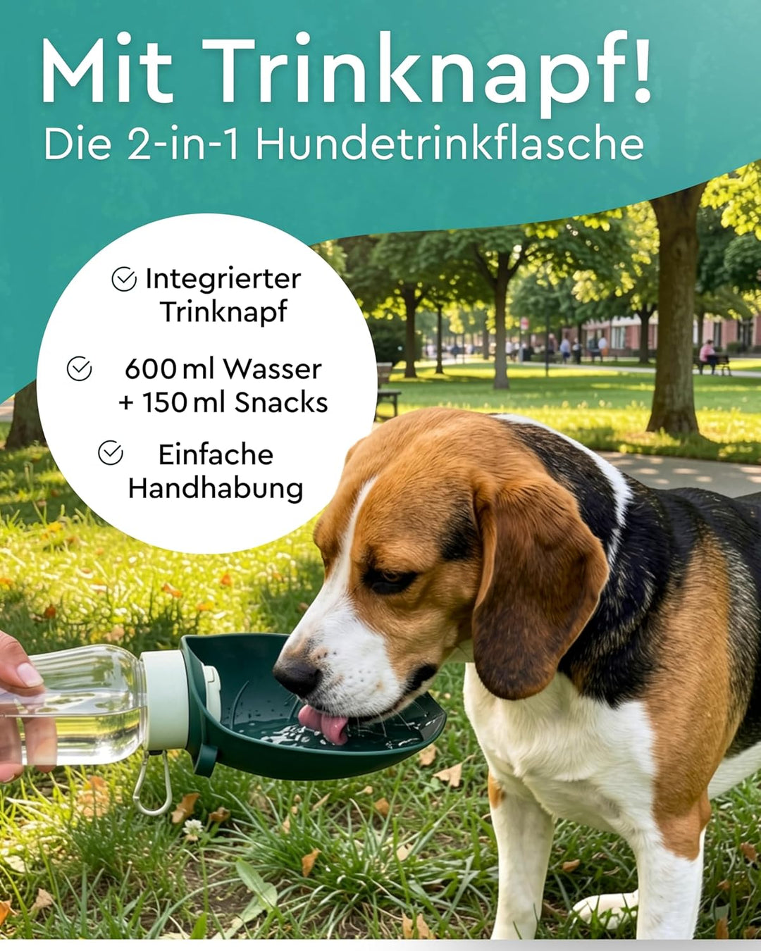 emmi-PET 2-in-1 Hundetrinkflasche mit Futterbehälter in Dunkelgrün I 600 ml Wasser & 150 ml Snacks I