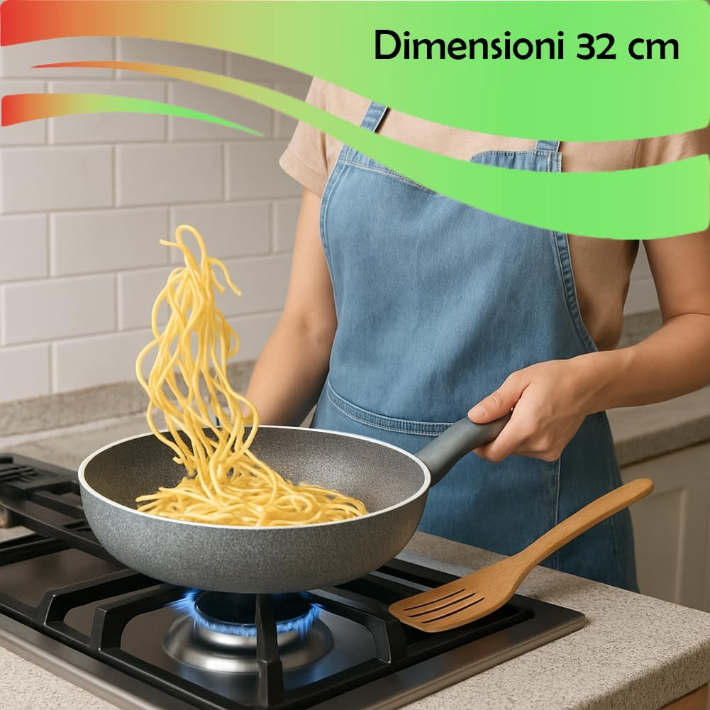 BAKAJI Set Pfanne 32 cm und Grillpfanne 24 x 24 cm, Antihaftbeschichtung in Steinoptik, PFOA-frei, w
