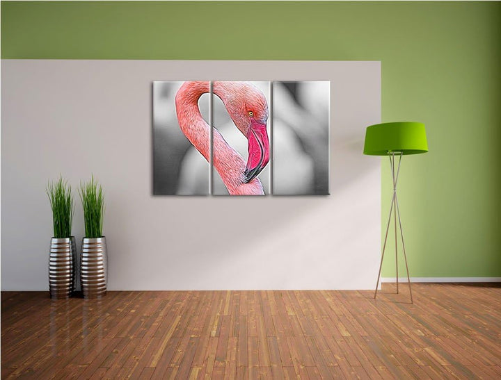 prächtiger Flamingo schwarz/weiss Deluxe 3-Teiler Leinwandbild 120x80 Bild auf Leinwand, XXL riesige