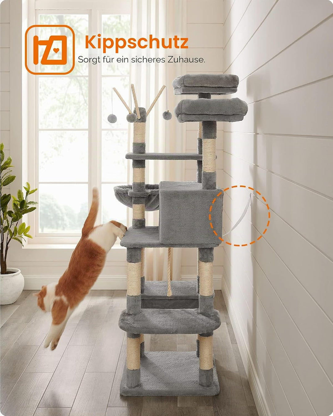 Feandrea Kratzbaum, XXL Katzenbaum, 164 cm, hellgrau PCT087W01, Hellgrau
