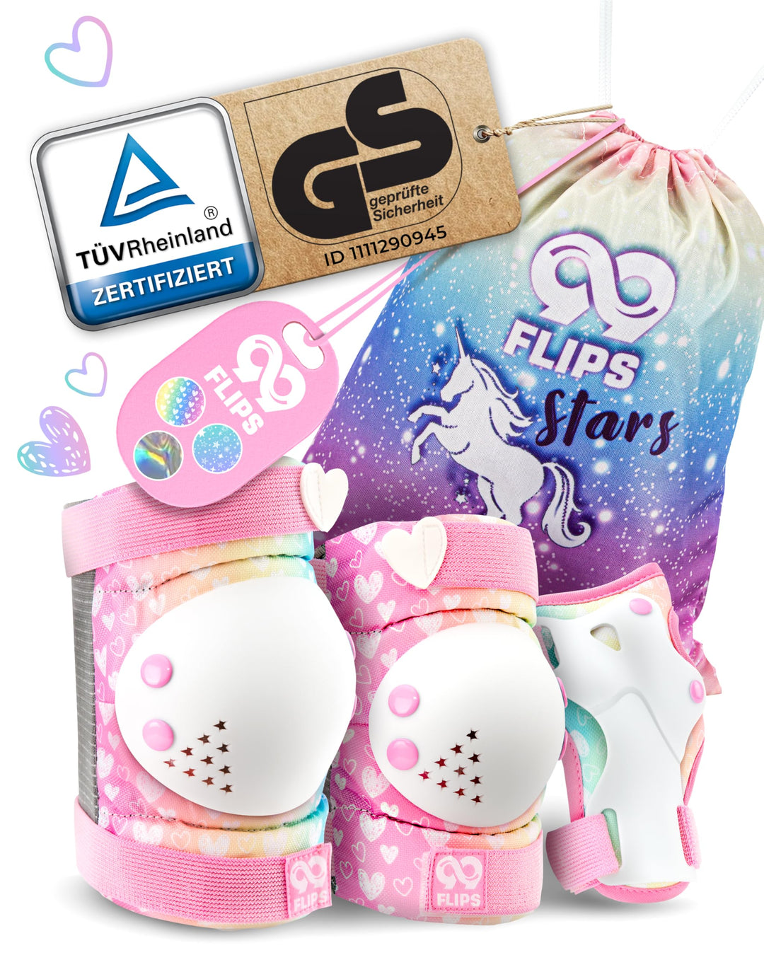99FLIPS Inliner Schoner Kinder Set - TÜV Rheinland GS Zertifiziert [6er Set] mit Einhorn Beutel für