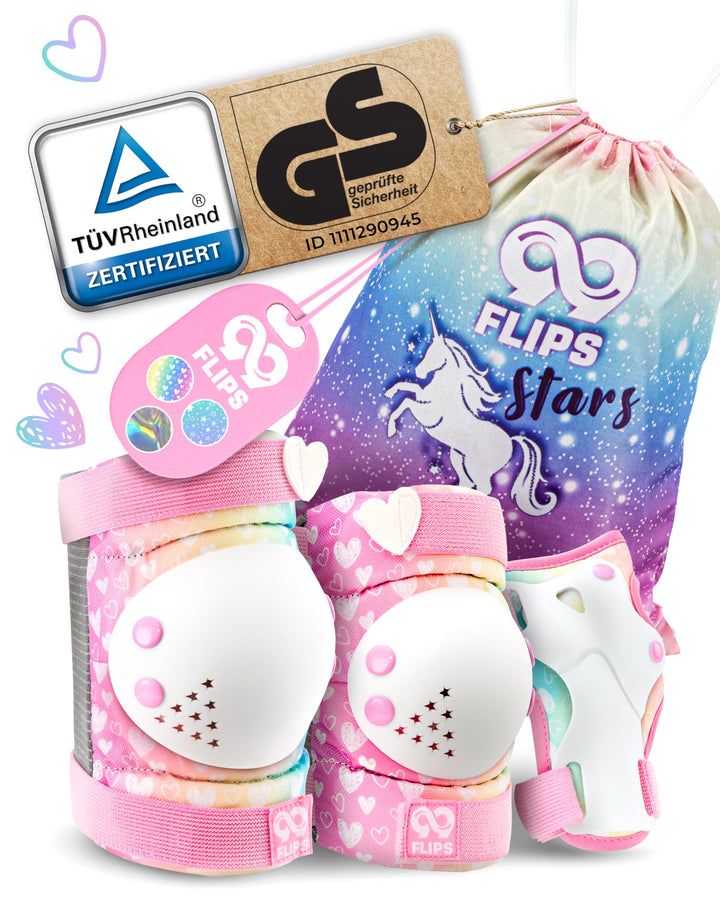 99FLIPS Inliner Schoner Kinder Set - TÜV Rheinland GS Zertifiziert [6er Set] mit Einhorn Beutel für