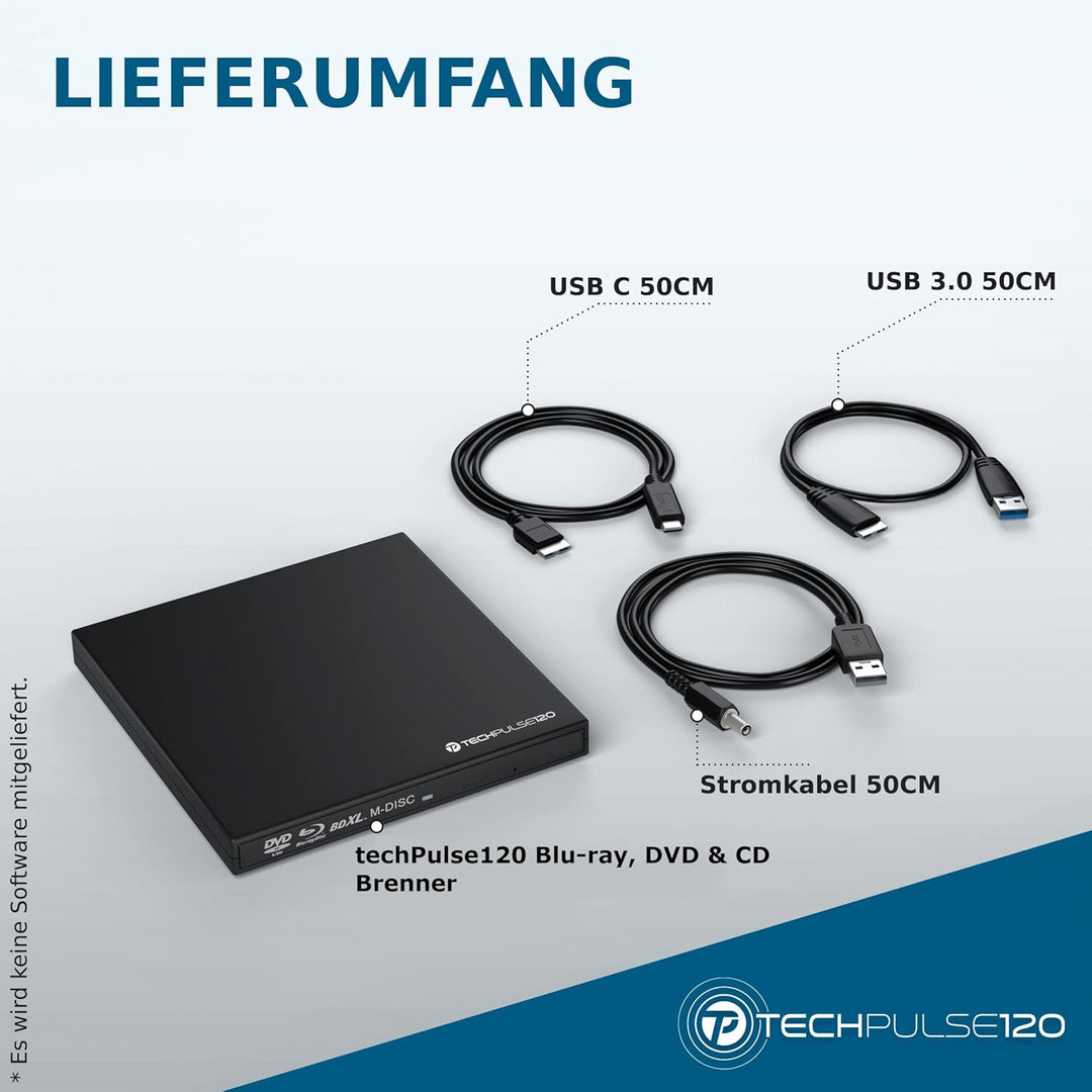 techPulse120 USB 3.0 Typ-C externer Blu-ray Brenner 3D M-Disc BDXL 100GB Burner Superdrive Blueray L