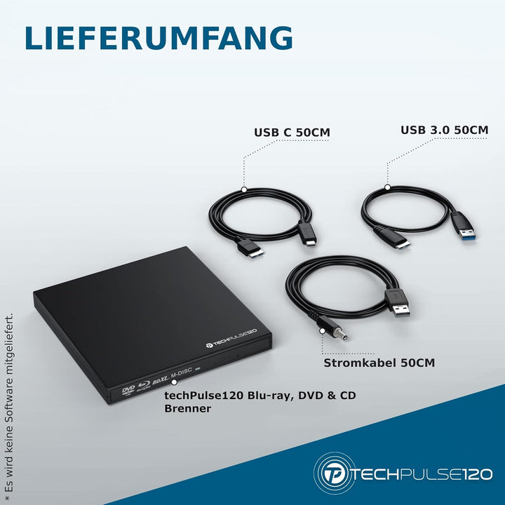techPulse120 USB 3.0 Typ-C externer Blu-ray Brenner 3D M-Disc BDXL 100GB Burner Superdrive Blueray L