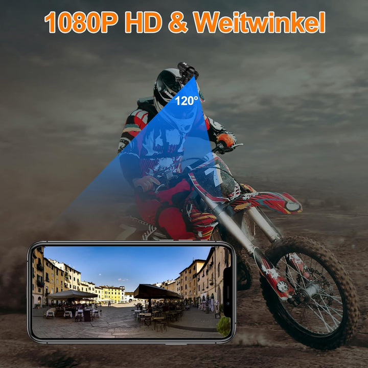 Action Cam WiFi, 1080P HD IP66 Spritzwassergeschütztes Helmkamera, 7h Akkulaufzeit & 120° Weitwinkel