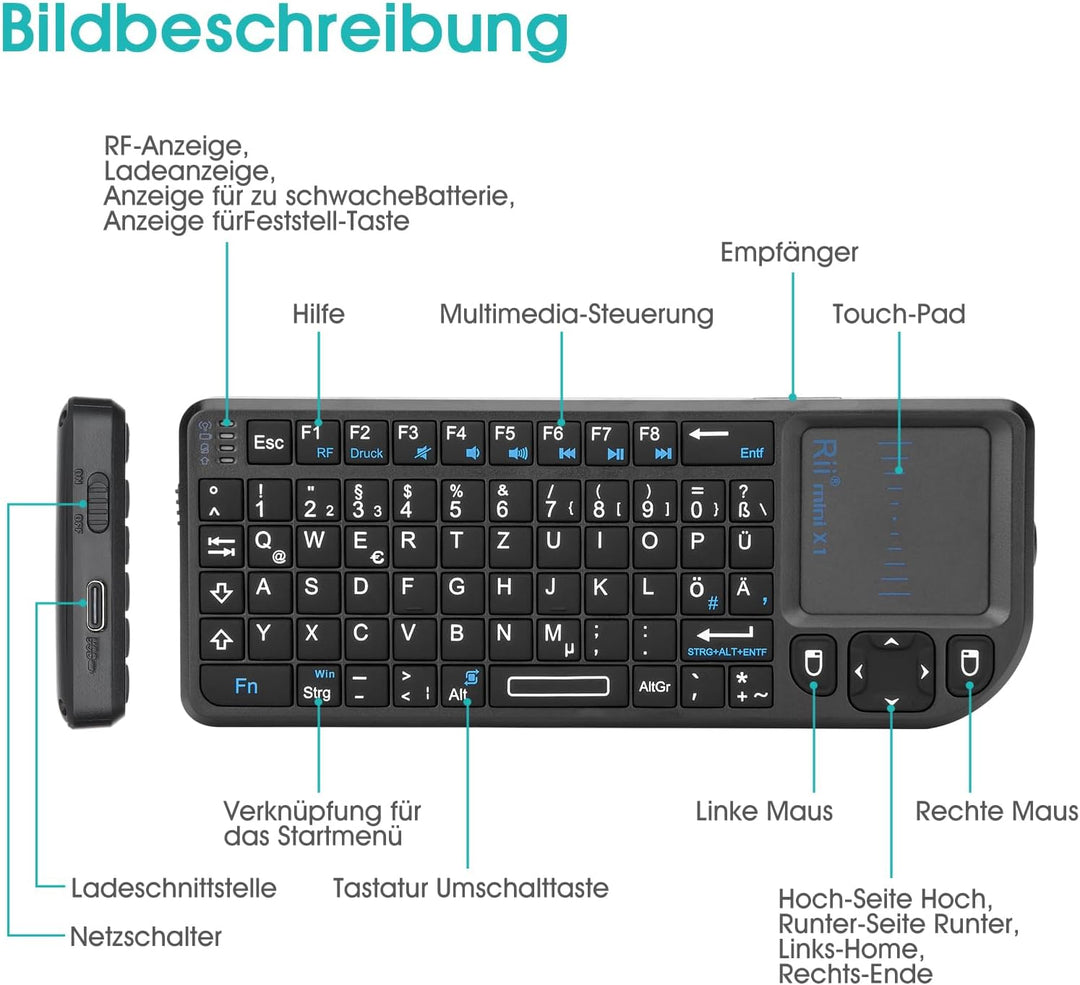 Rii X1 Mini Tastatur Wireless, Kabellos Tastatur mit Touchpad, Mini Keyboard für Smart TV Fernbedien