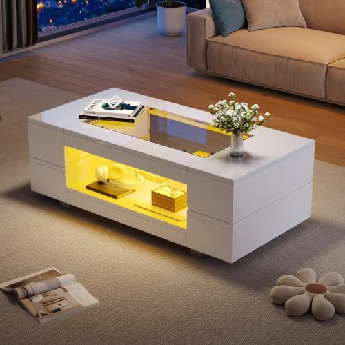 Merax Moderner Couchtisch Weiss 100x50x35cm mit LED-App-Steuerung, Wohnzimmertisch & Beistelltisch C