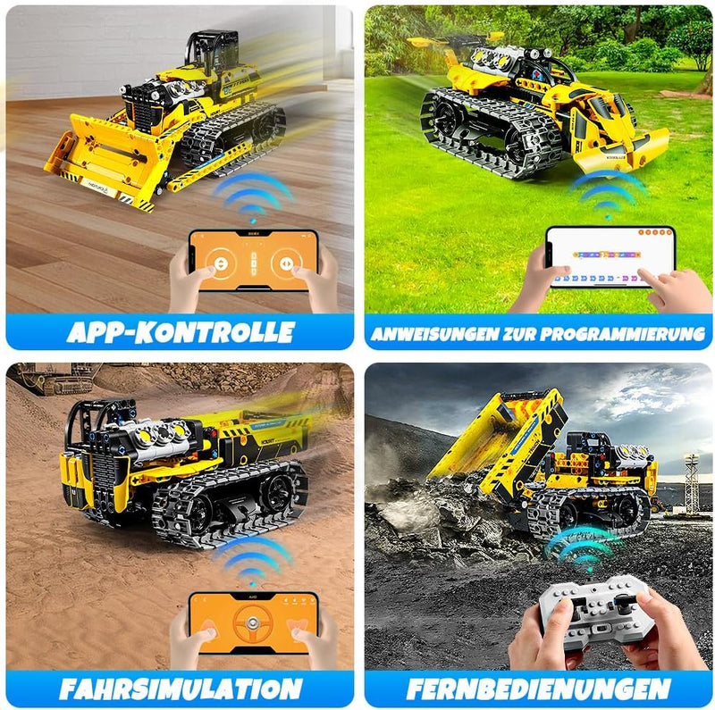 OKKIDY 3-in-1 Technik Bulldozer, RC Muldenkipper & Baustellenauto - 452 Teile Bauspielzeug für Kinde