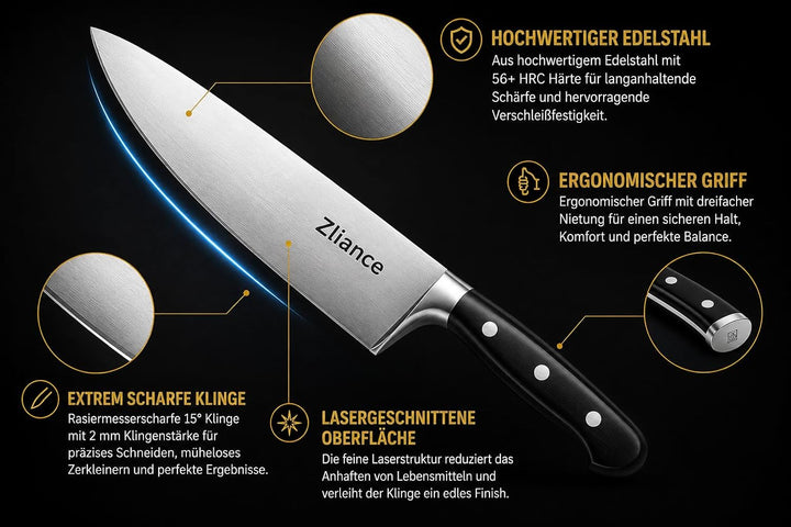 Messerset 3-teilig, japanischer High-Carbon Edelstahl, Ultra-Scharf, 20cm Kochmesser, 18cm Santoku,