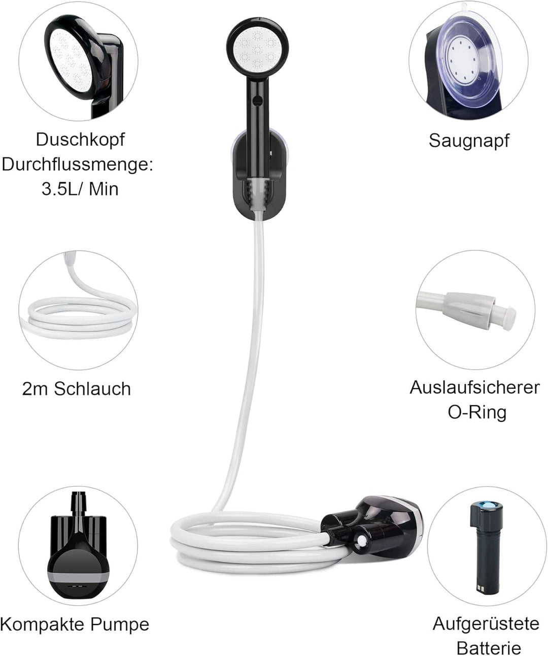 LIBERRWAY Campingdusche mit Pumpe, Camping Dusche Set mit Wiederaufladbarer Akku/Jetkopf, 2m Dusches