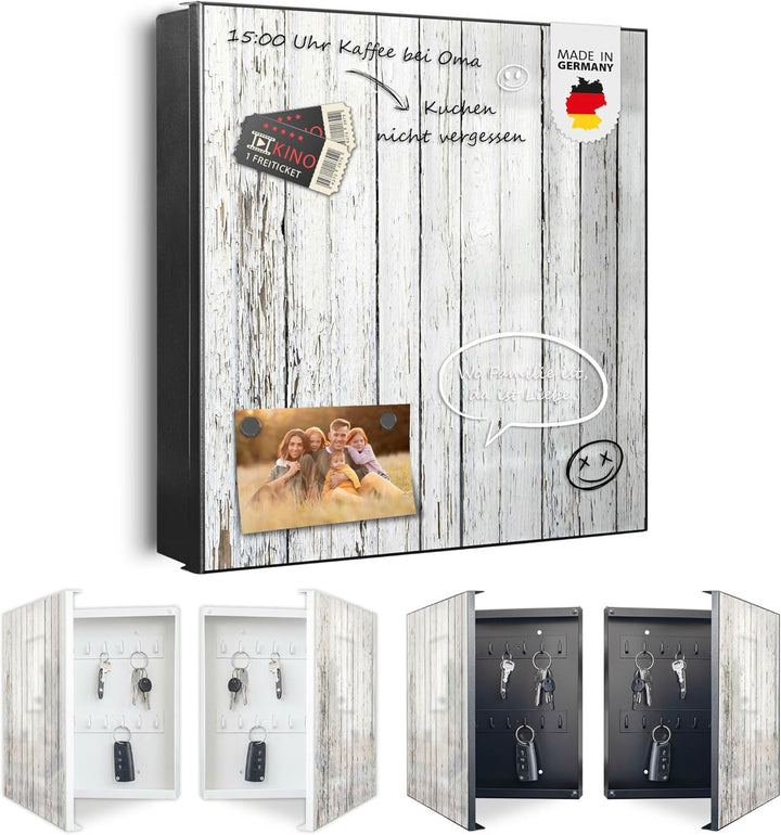 banjado® Grosser Schlüsselkasten Glas/Schlüsselbox 30cm x 30cm mit 50 Haken - Motiv Weisser Holzzaun