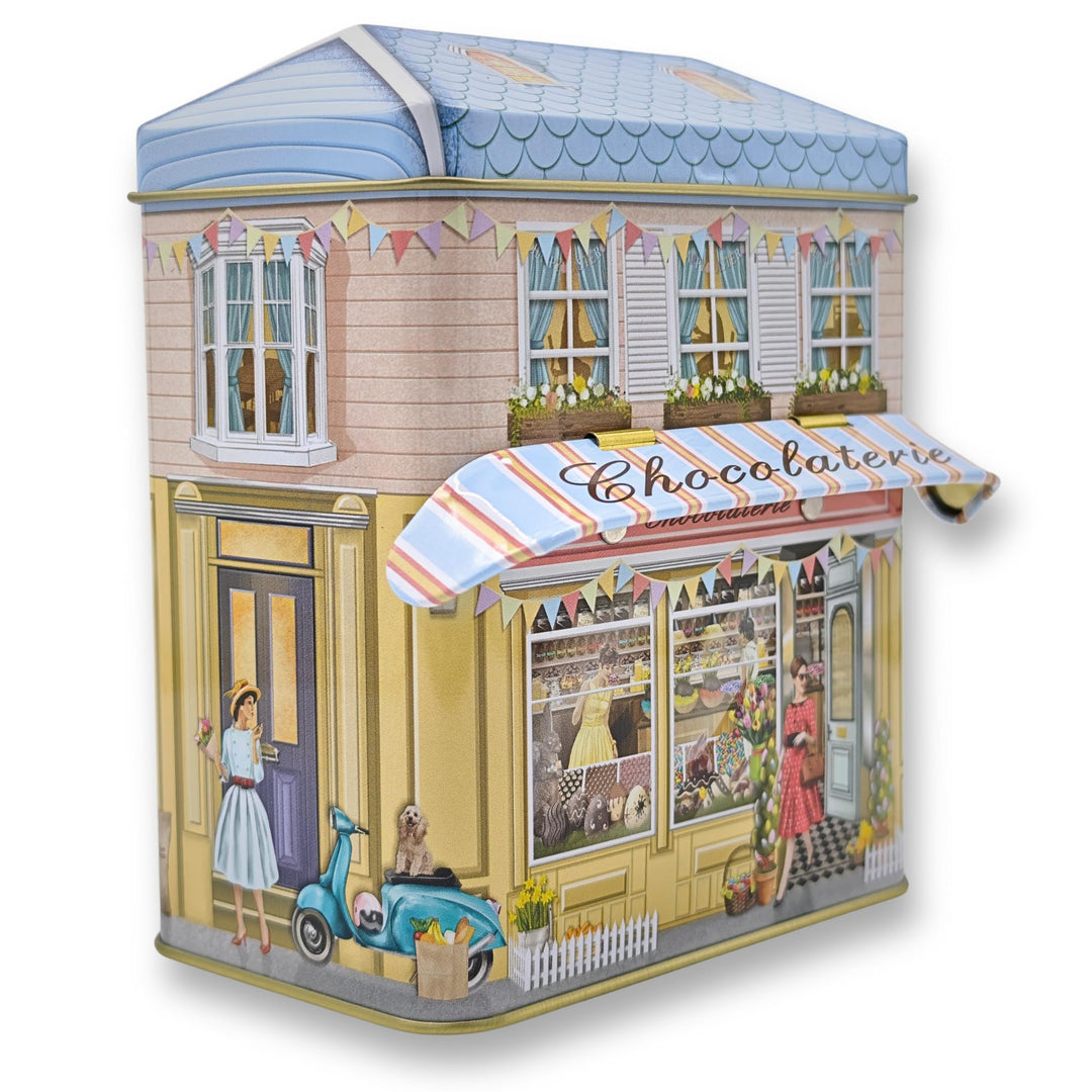 MediMuc Kleines Haus Chocolaterie mit Vordach - Dose, Gebäckdose, Geschenkdose, Sammlerdose - Volume