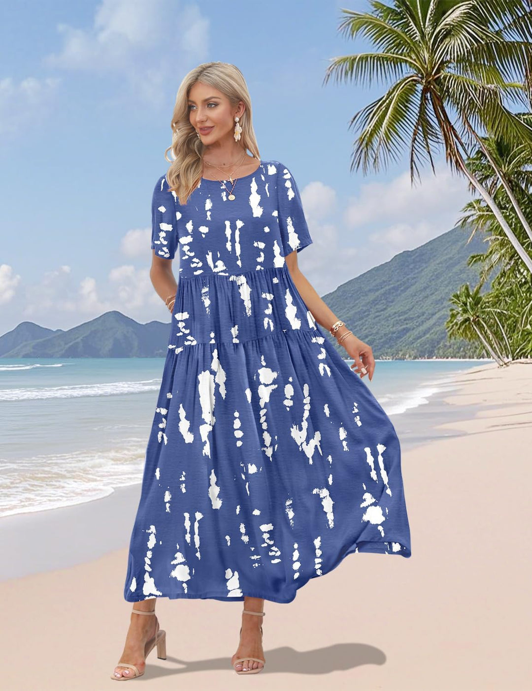 YESNO Damen Kleider Freizeit Lose Sommerkleid Lang Boho Maxikleid für Rundhals Strandkleid Blumenkle