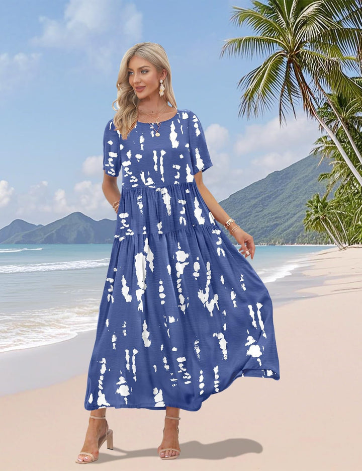 YESNO Damen Kleider Freizeit Lose Sommerkleid Lang Boho Maxikleid für Rundhals Strandkleid Blumenkle