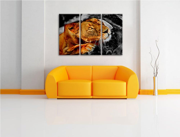 listige Löwin schwarz/weiss Deluxe 3-Teiler Leinwandbild 120x80 Bild auf Leinwand, XXL riesige Bilde