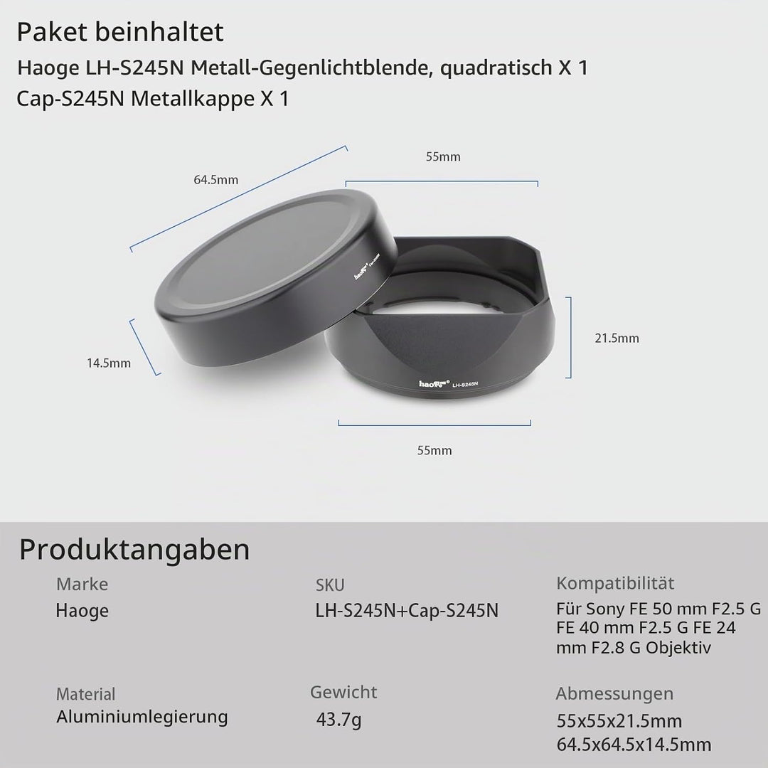 Haoge LH-S245N Gegenlichtblende für Sony FE 50 mm F2.5 G FE 40 mm F2.5 G FE 24 mm F2.8 G Gegenlichtb
