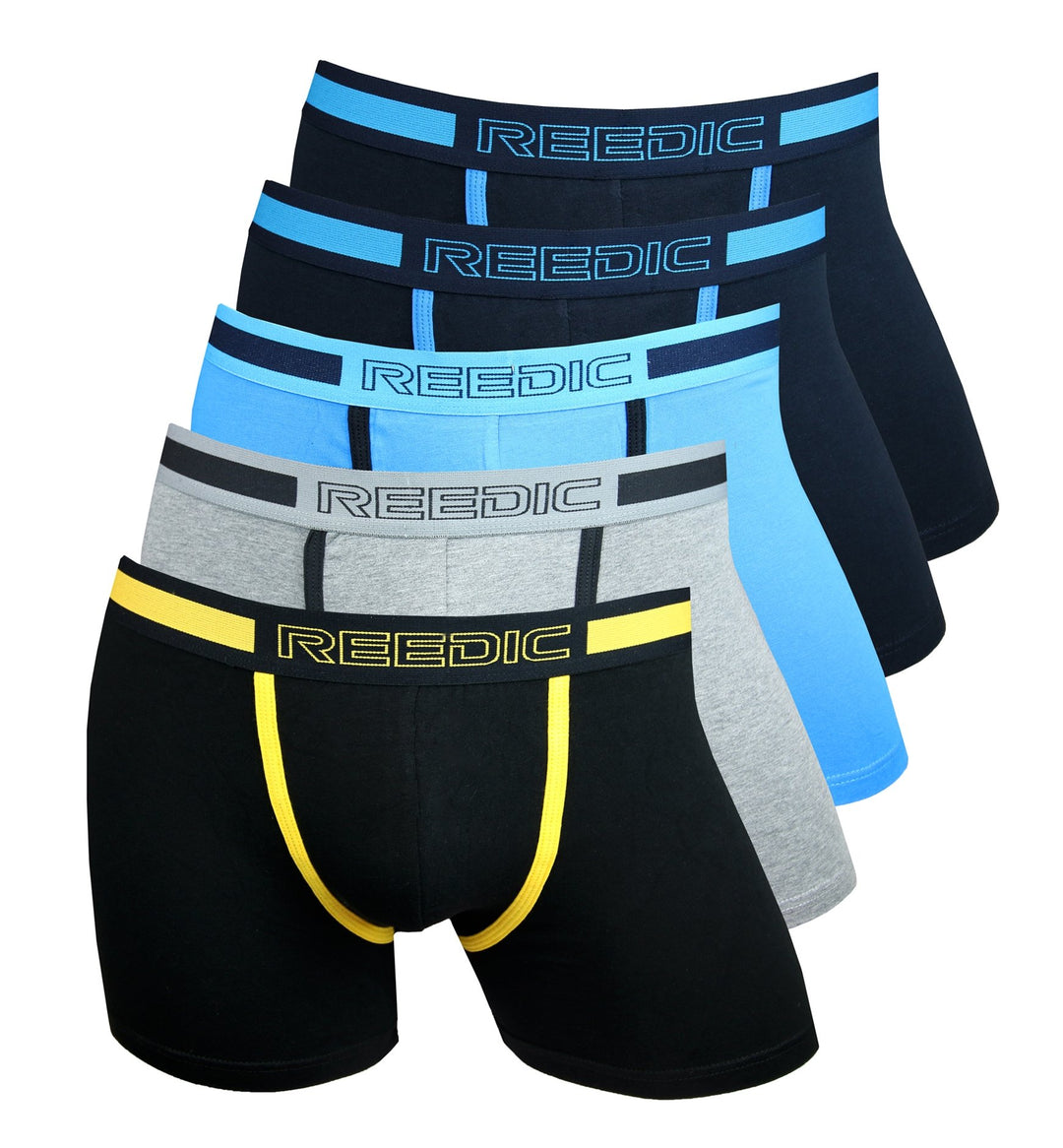 Reedic Herren Boxershorts Baumwolle 5er Pack, Je 2x Dunkelblau, Je 1x Blau, Schwarz-gelb, Grau