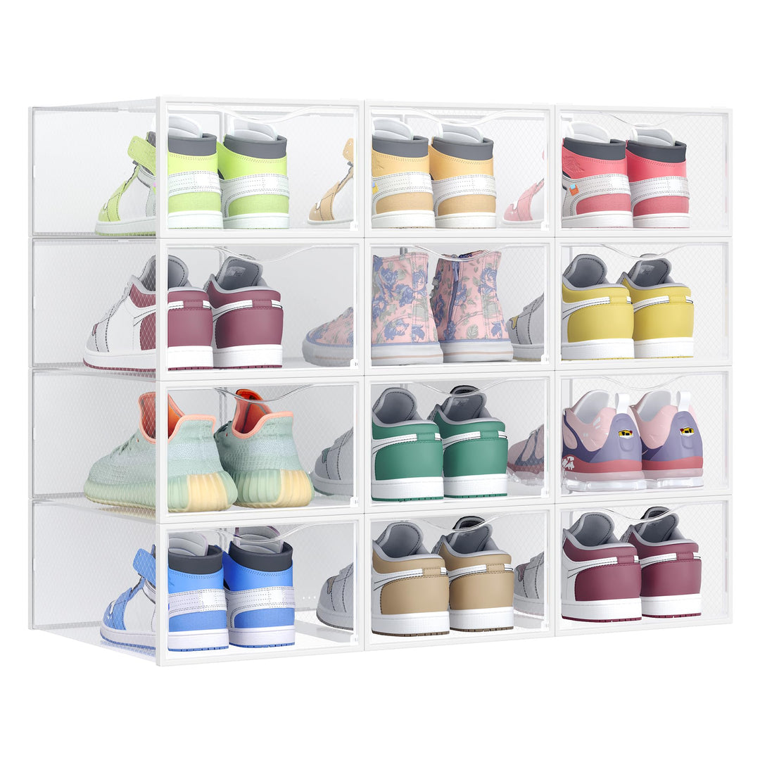 SONGMICS Schuhboxen, Schuh-Organizer aus Kunststoff, mit Tür, durchsichtig, 12er Set, stapelbar, ein