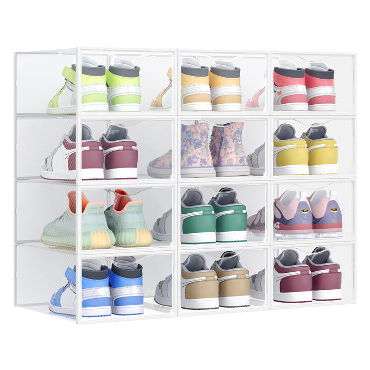 SONGMICS Schuhboxen, Schuh-Organizer aus Kunststoff, mit Tür, durchsichtig, 12er Set, stapelbar, ein