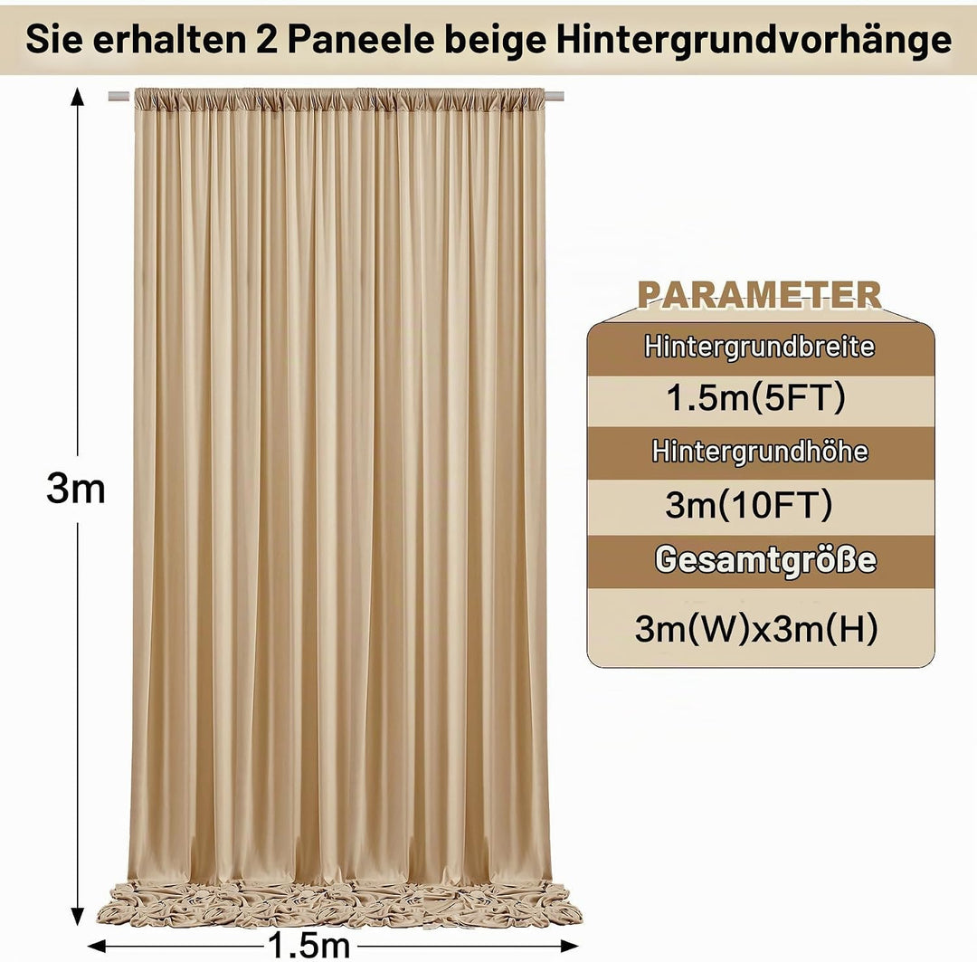 3×3 m Beige Hochzeit Hintergrund Vorhang, 2 Platten 1,5×3m Faltenfreie Seide Polyester Beige Fotowan