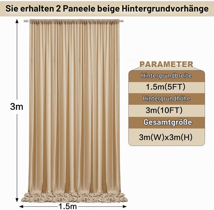 3×3 m Beige Hochzeit Hintergrund Vorhang, 2 Platten 1,5×3m Faltenfreie Seide Polyester Beige Fotowan