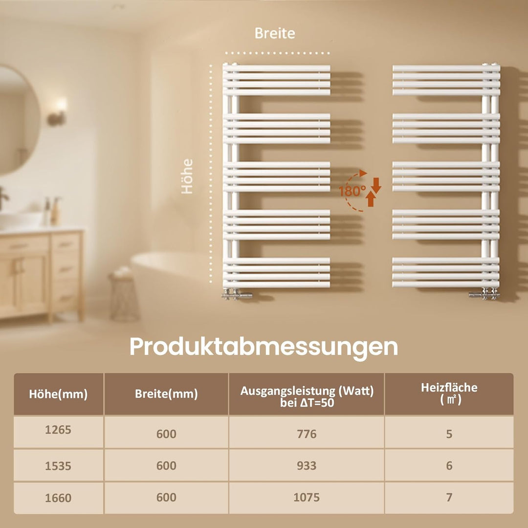 EMKE Design Rundrohr Badheizkörper 1265x600 mm, Handtuchheizkörper mit Seitenanschluss, Handtuchwärm