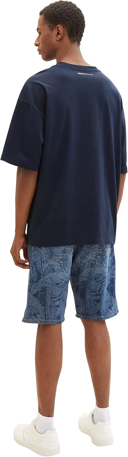 TOM TAILOR Herren Relaxed Fit Jeans Bermuda Shorts mit Palmen-Print 33 31749 - Dark Banana Leaf Laze