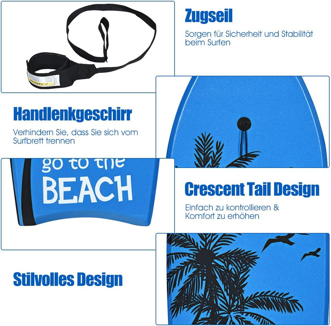 DREAMADE Bodyboard mit 90 cm Sicherheitsleine, bis zu 85kg belastbar, Surfbrett aus XPE & HDPE &EPS,