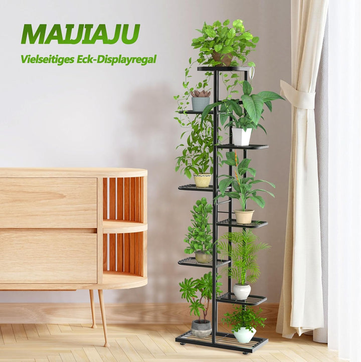 MAIJIAJU 8 Etagen Blumenständer Metall Schwarz mit Gartengeräte und Handschuhe, 141cm Ecke Blumenreg