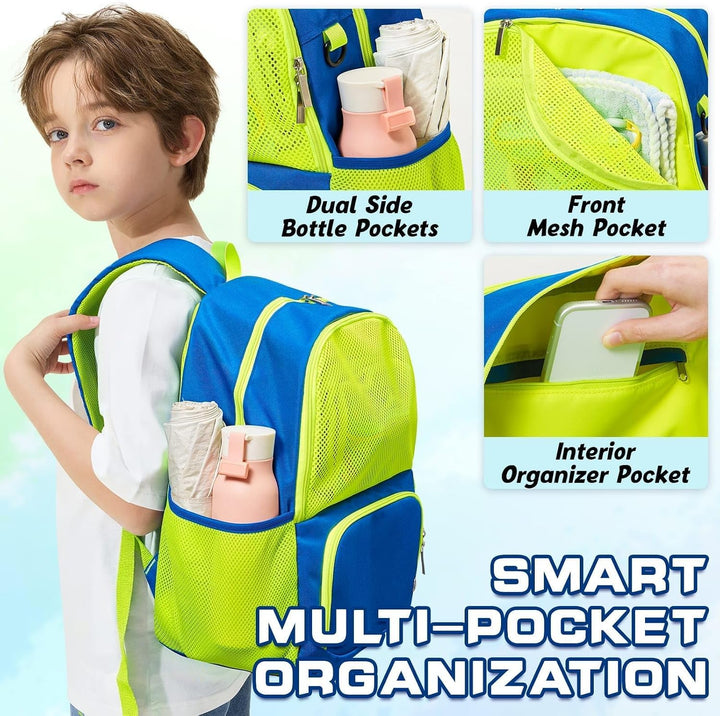 WAWSAM Schwimm Rucksack für Kinder mit Schuhfach und Trocken- und Nasstrennung Blau & Grün, Blau & G