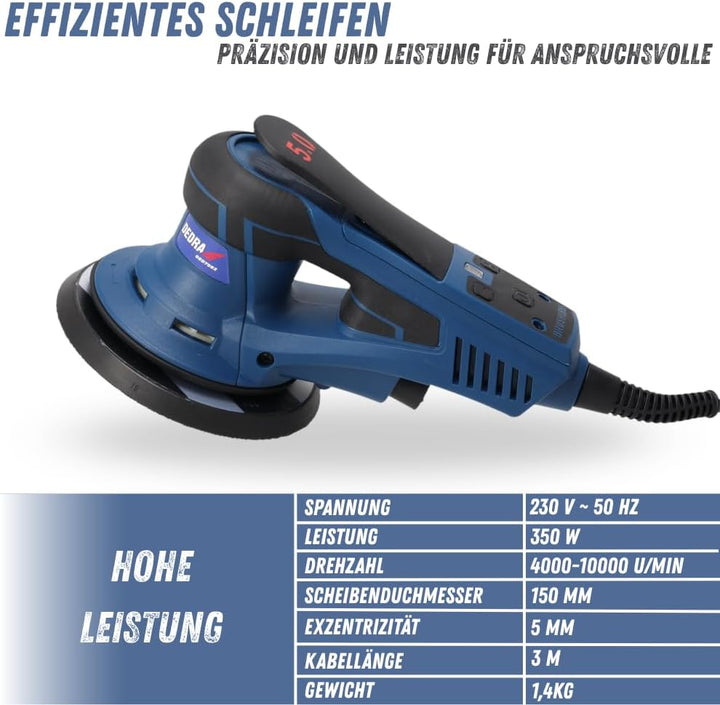 DEDRA Exzenterschleifer Exzenterschleifer 350W, Ø150mm – Bürstenlos, regelbare Drehzahl 4000–10000 U