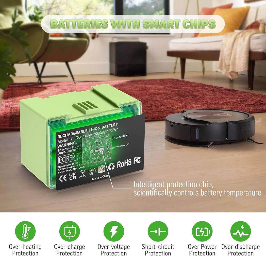 5000mAh (72Wh) 14,4V i7 Ersatzakku für iRobot Roomba i7 i7+ i3 i3+ i4 i4+ e5 e6, Hochkapazität Lithi